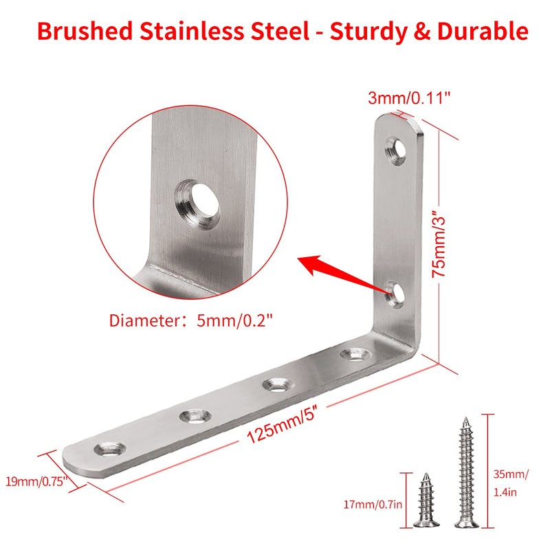 YUMORE L Bracket, 5" x 3" Max Load: 35lb/15KG Heavy Duty Stainless Steel Solid Shelf Support Corner Brace Joint Right Angle Bracket, Pack of 4 - Image 4